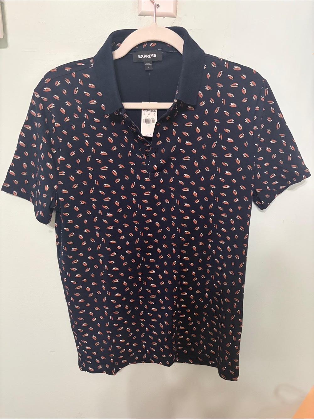 Express Navy Polo with Coral Leaf Print
